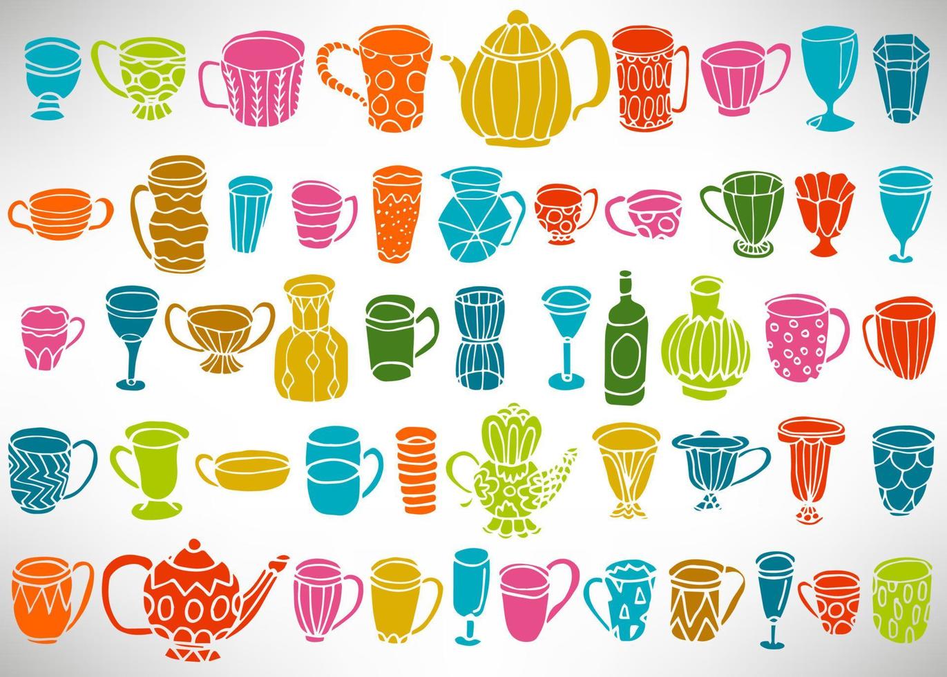 Doodle colorido conjunto de platos dibujados a mano, tazas, teteras, vasos, jarrones aislados en blanco. colección de elementos de utensilios de cocina para el diseño. vector