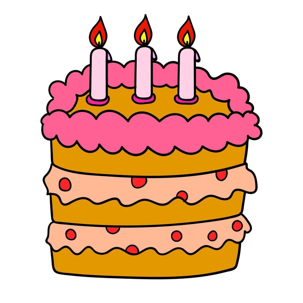 Doodle Birthday cake with candles isolated on white background. vector