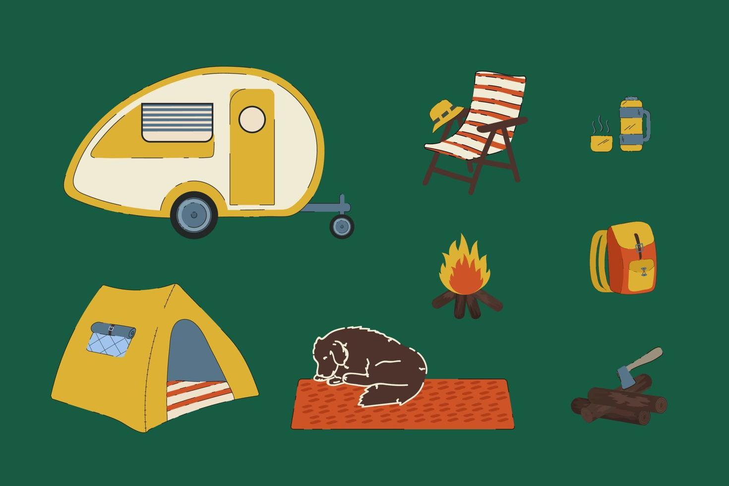 Kit for Campers RV and life in the forest. Camping set illustrations of a campfire, a dog, firewood, a thermos, a tourist's backpack. A mobile trailer, a tent, a chair and a panama hat. vector