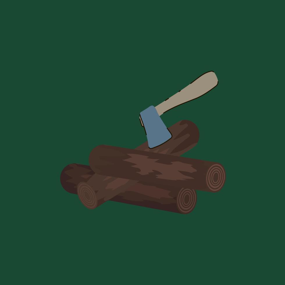 Firewood with an axe for camping. Cartoon tree for relaxing in the forest. Camping with a campfire and firewood for convenience and life in nature. Vector illustration