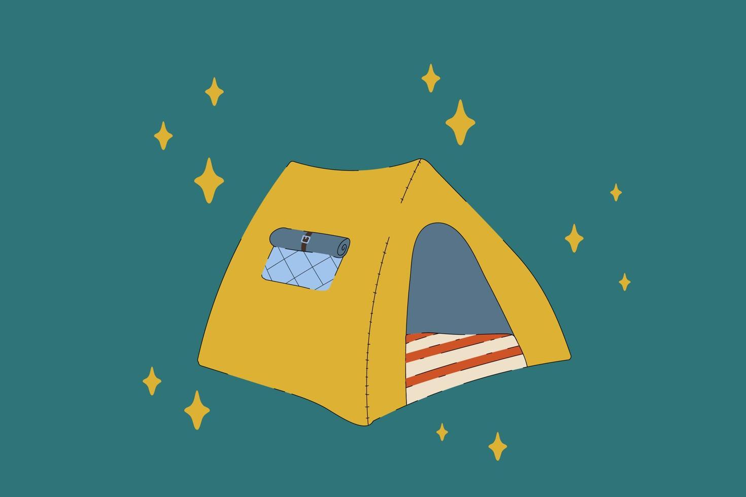 autocaravana para acampar. Casa de carpas para recreación en el bosque. acampar recreación al aire libre en el círculo de estrellas del doodle. cartel para acampar y acampar en carpas. ilustración vectorial vector