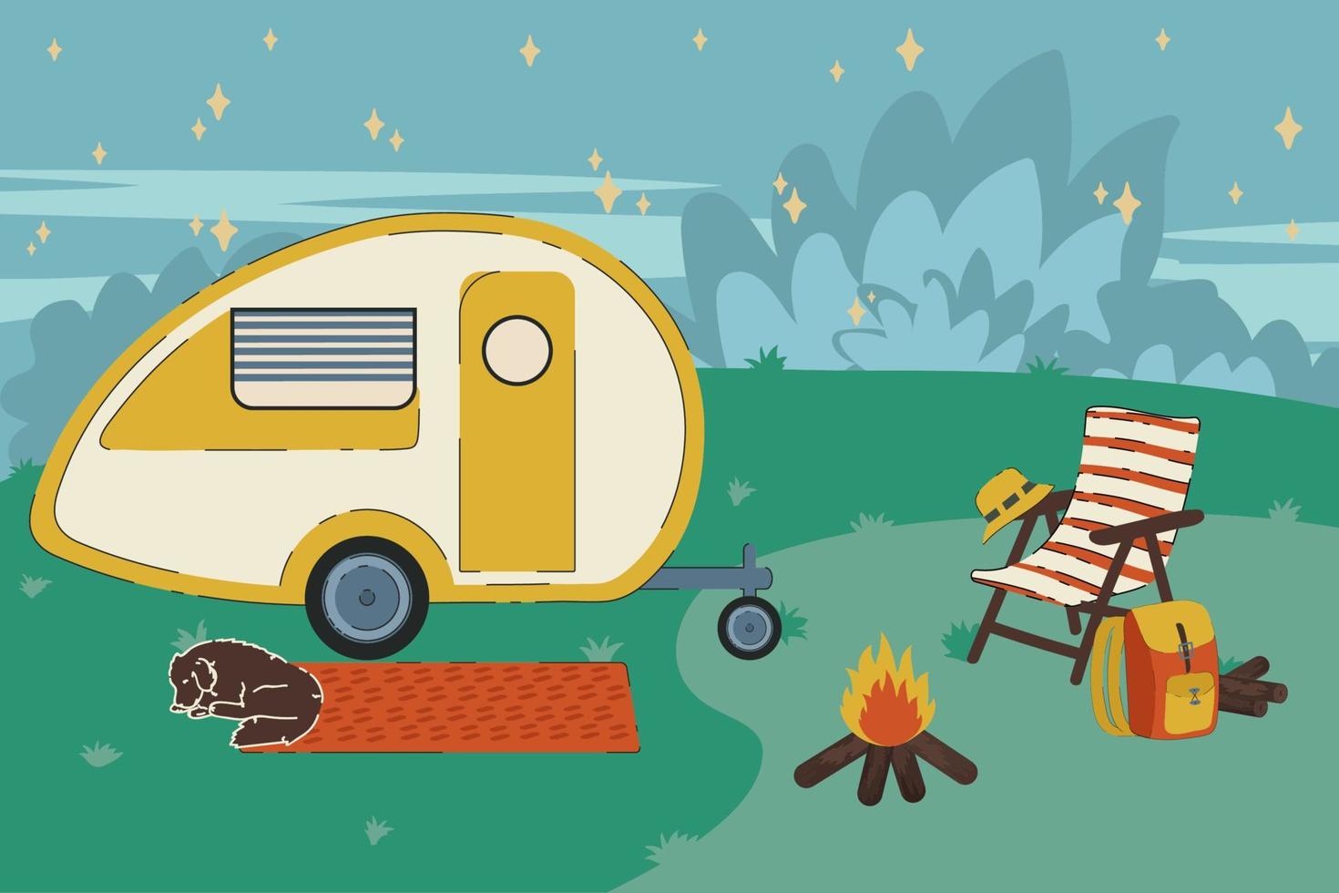 Colorful illustration of a camping van in the forest. Trailer for a roadside house among the trees. A vehicle for recreation. Vector concept of camping travel. Vector illustration