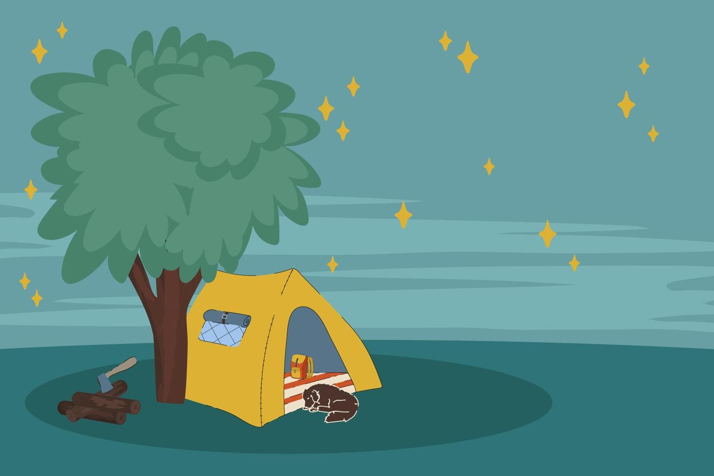 Night illustration with a tent in the forest. The concept of a mobile home for a country holiday. Travel and shelter in the forest, a holiday trip. Vector illustration