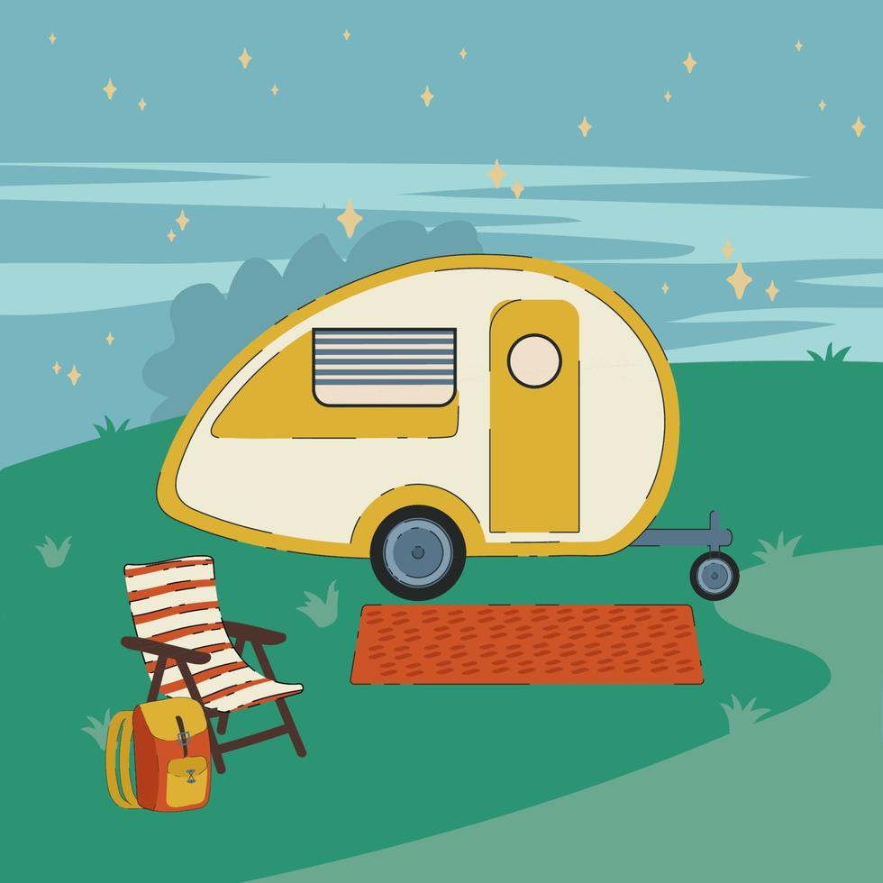 Night illustration of Campers RV on wheels. A poster with a road trailer for a house. A vehicle, Camping cars-caravans, a mobile home. The concept of a mobile home for a country holiday. Vector