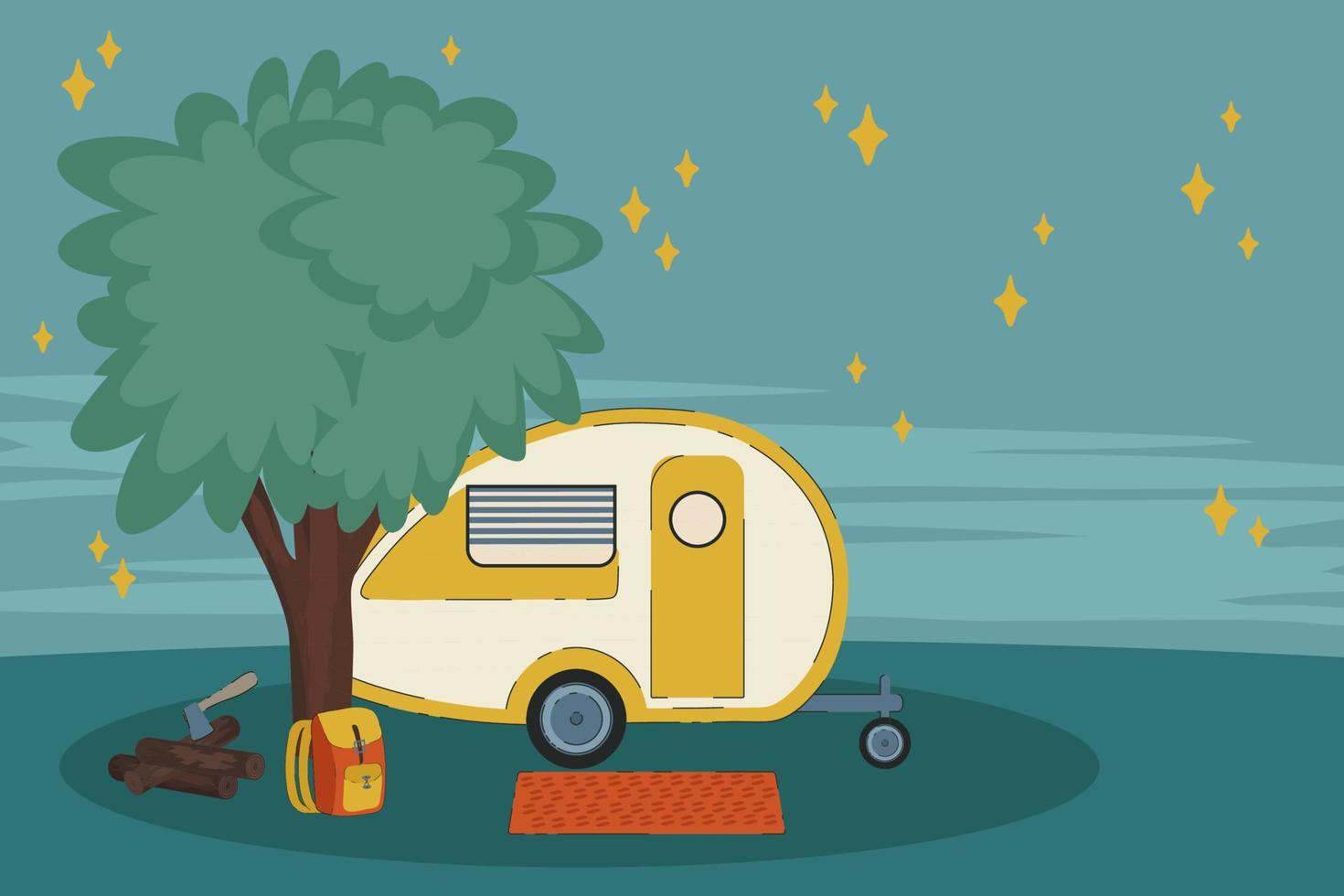 Ilustración nocturna de una furgoneta de camping de vacaciones. un vehículo para una casa al borde de la carretera entre los árboles. autocaravana-autocaravana entre los árboles. el concepto de un viaje de vacaciones en un remolque. vector