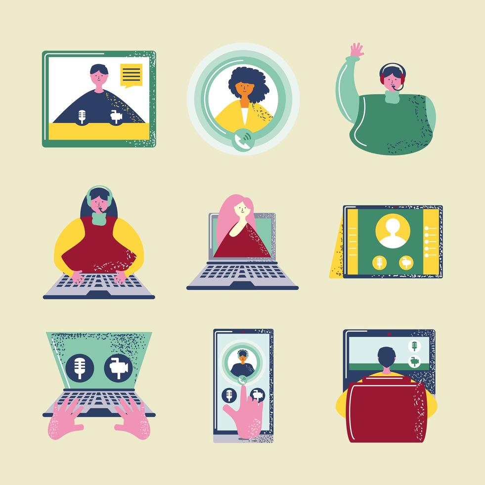 video conference icons, work form home, social distancing, content creator vector
