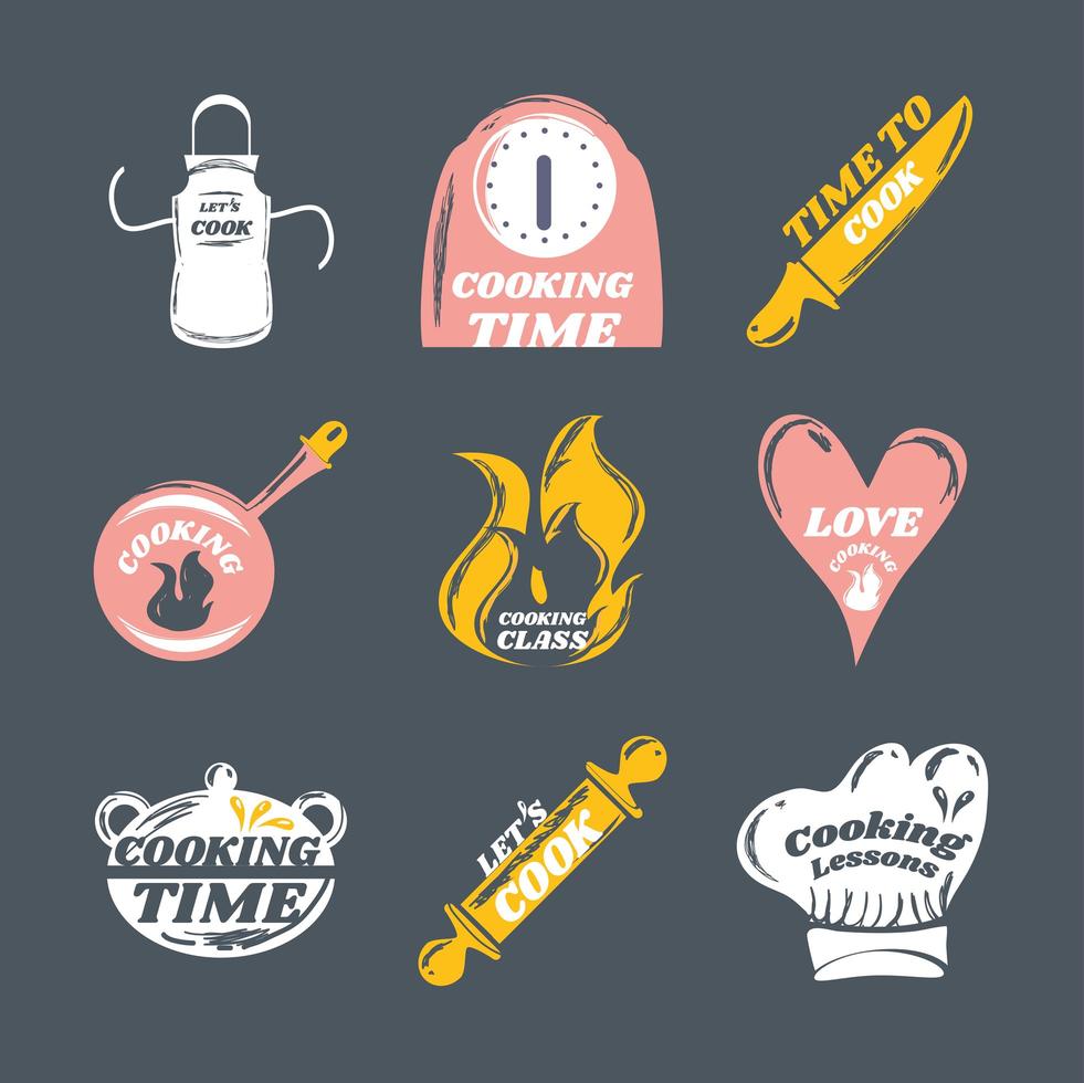 set cooking apron icon rolling pin hat chef and saucepan icons vector