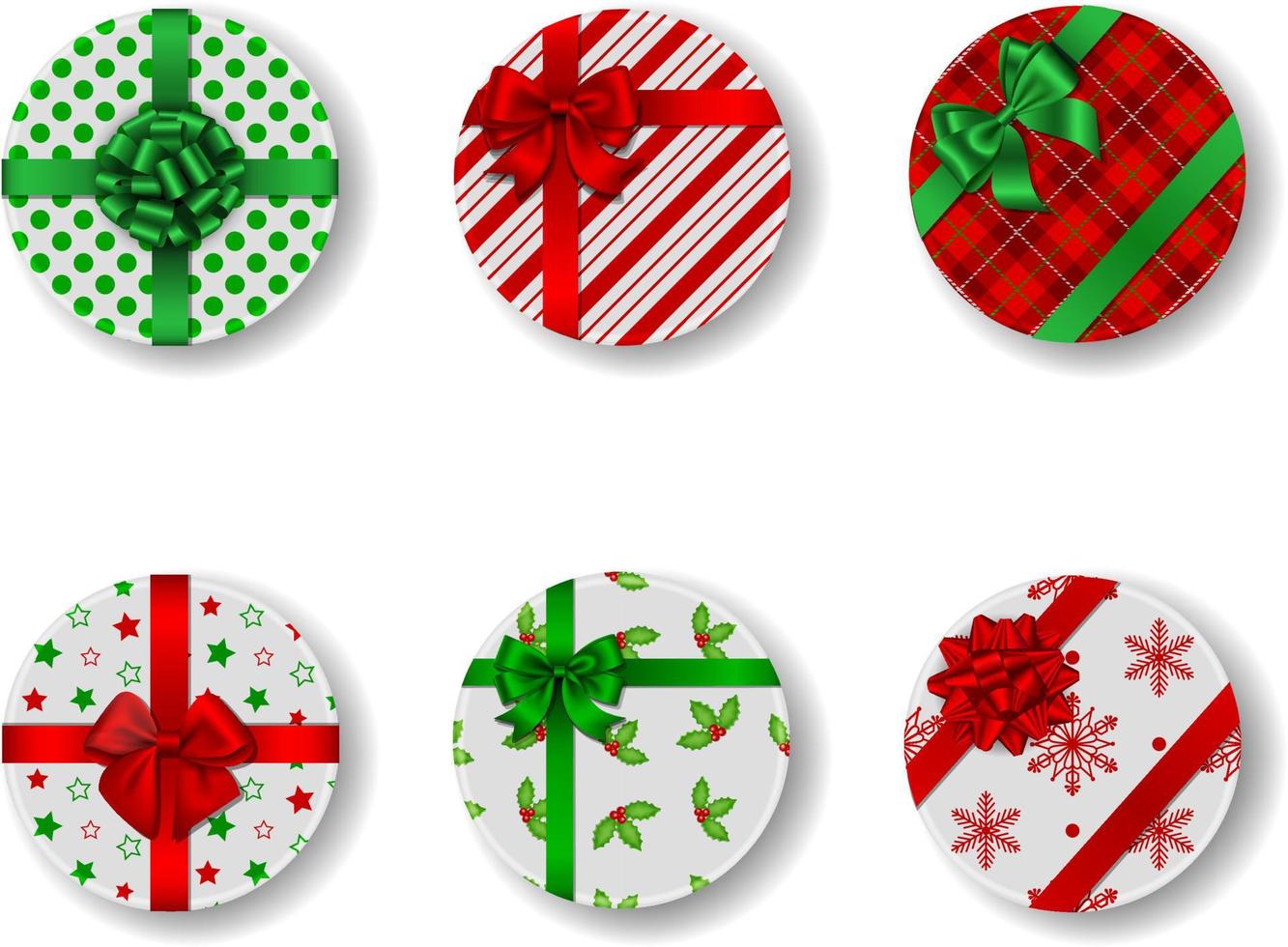 set of isolated round christmas gift boxes. Top view vector