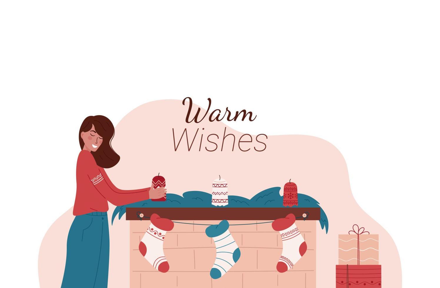 linda chica decorando la chimenea de Navidad sobre fondo claro. vela de explotación de mujer caucásica. Chimenea navideña con velas, adornos verdes, calcetines y regalos cálidos deseos. Feliz Navidad vector