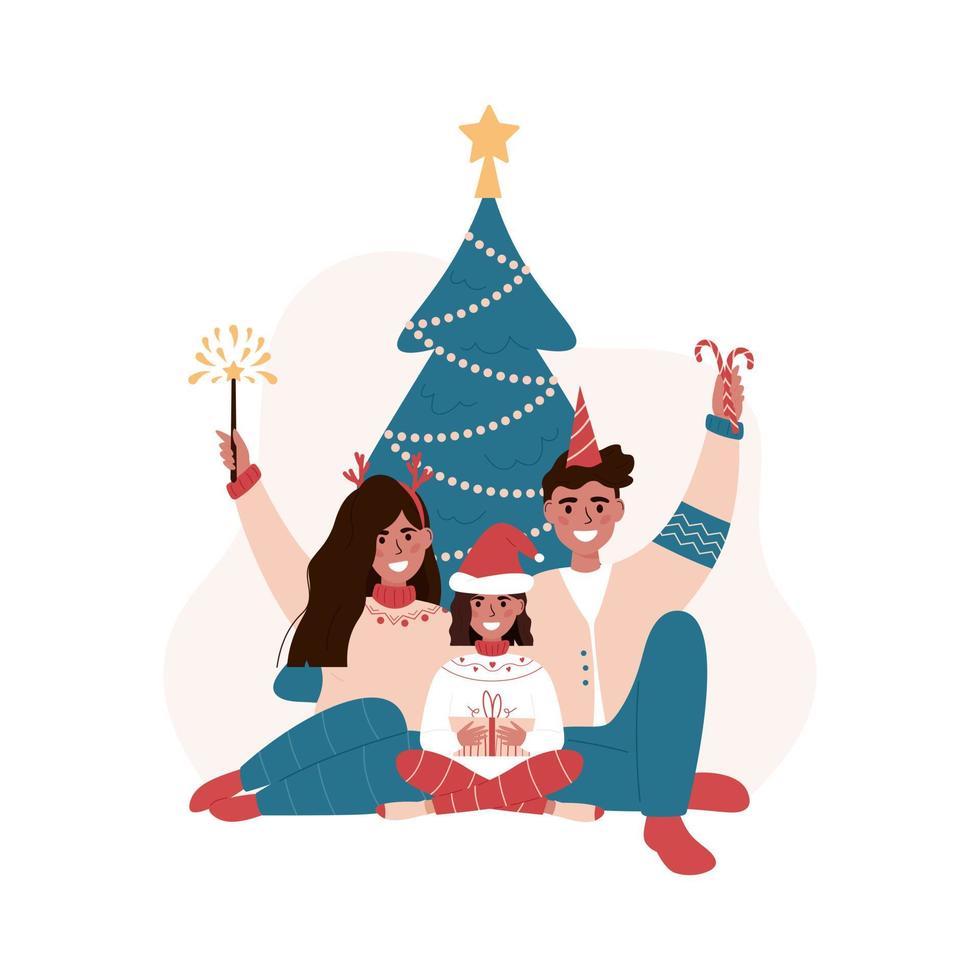 familia sentada cerca del árbol de navidad. Familia pasando tiempo juntos en vacaciones.Feliz familia celebra la Navidad. árbol de navidad con decoración. Feliz Navidad. regalos, fuegos artificiales. aislado en blanco vector