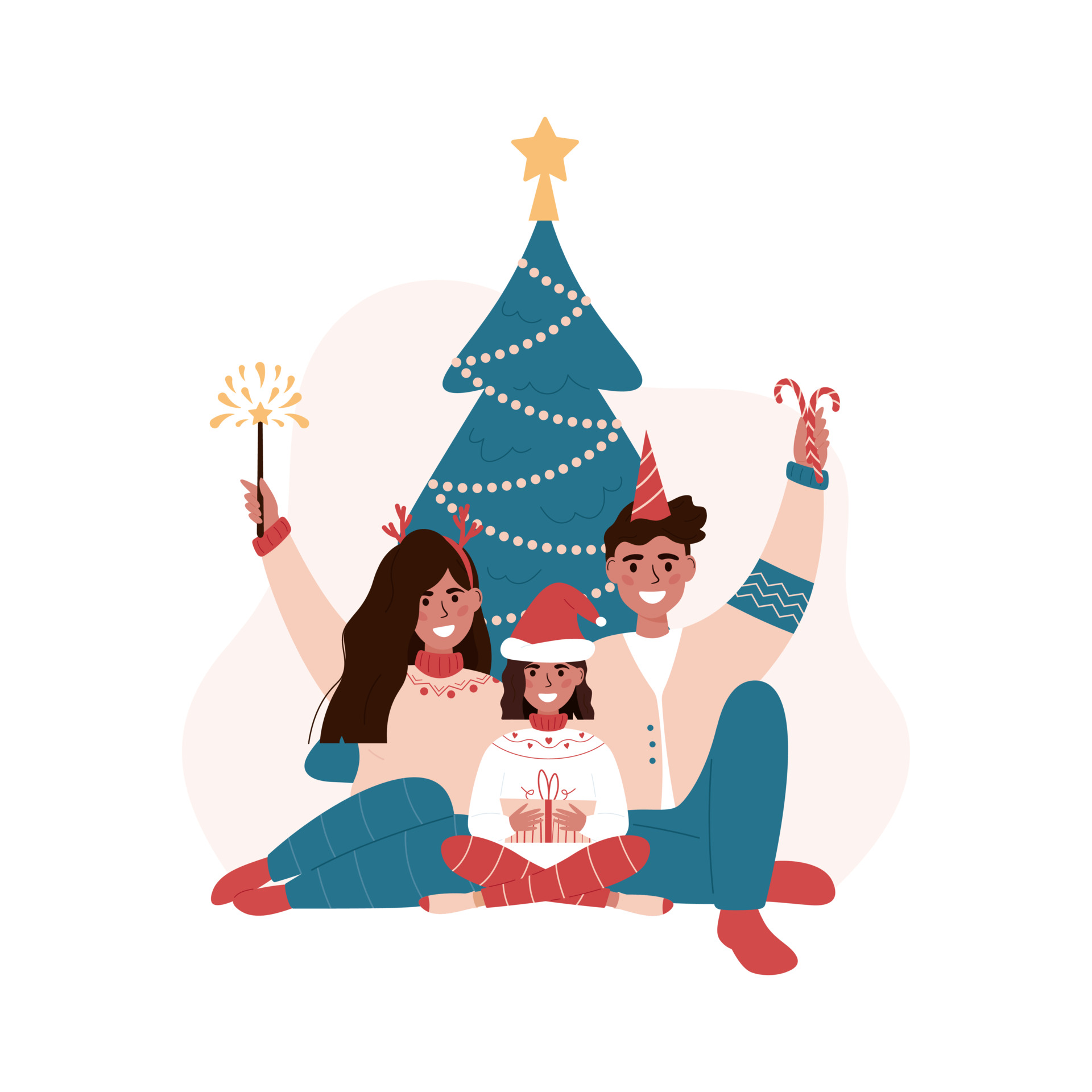 Family sitting near the Christmas tree. Family spending time together