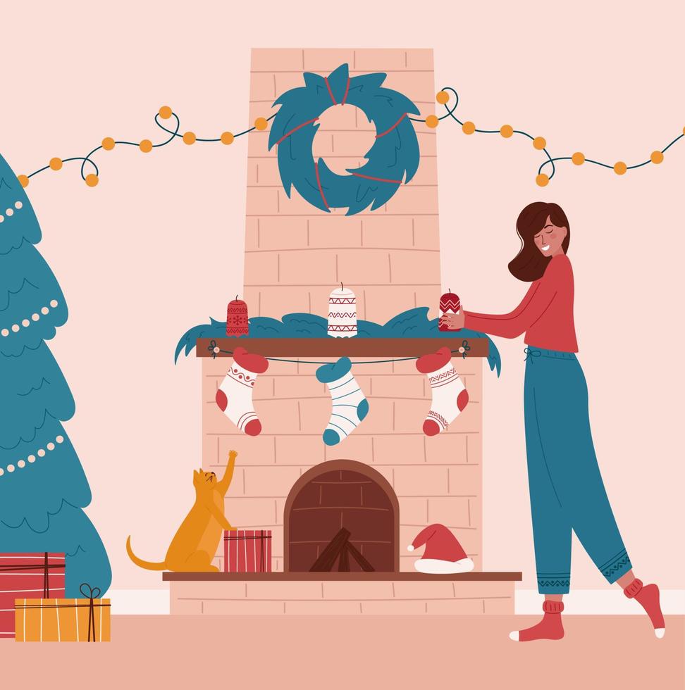 Linda chica decorando la chimenea en la sala de estar. Mujer preparándose para la víspera de Navidad. chimenea con adornos navideños calcetines, velas, regalos, guirnalda, guirnalda. gato gracioso tratando de atrapar los calcetines. vector