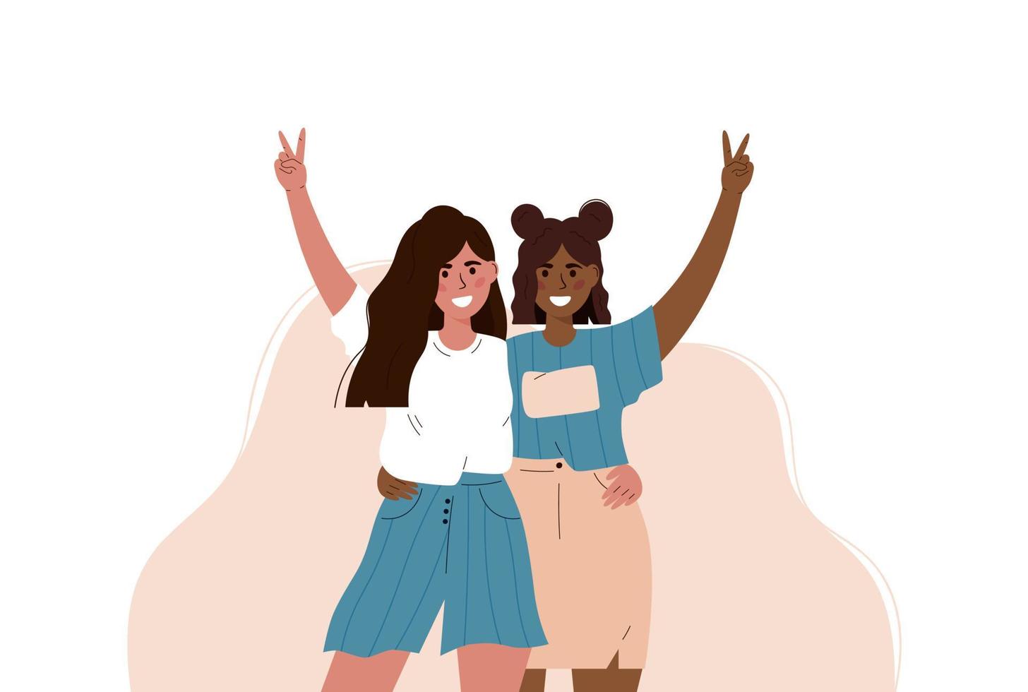 Vector illustration of multicultural girls. Multicultural friendship. Happy friendship day. Teenage girl hugging. Friends having fun. Teenage having fun. Best friends. Banner.International friendship.