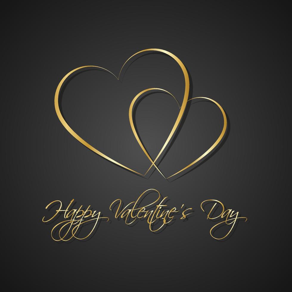 Gold black simple Happy Valentines day card with two heart. Be my Valentine background. Vector illustration