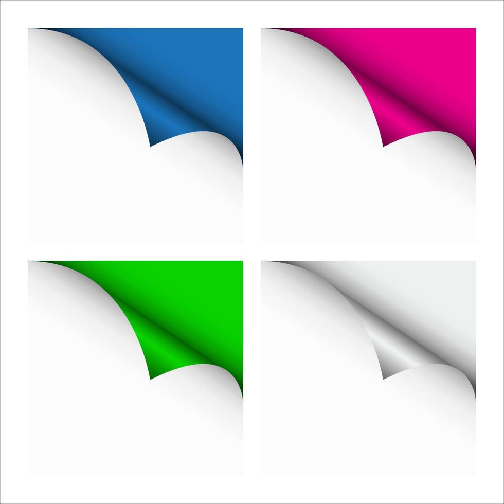 Set of four color curled corners of white sheets, vector illustration