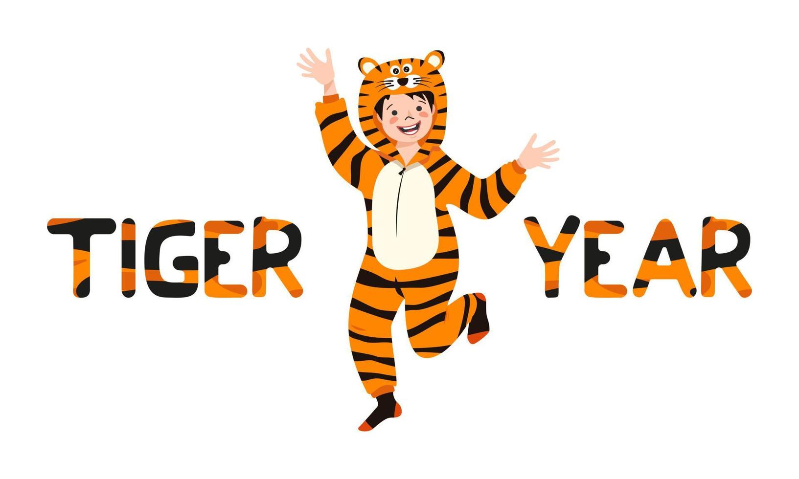 Boy in tiger carnival costume and inscription New Year from striped orange with black letters. Children pajama party or holiday. Kid in jumpsuits or kigurumi, festive clothing for Christmas vector
