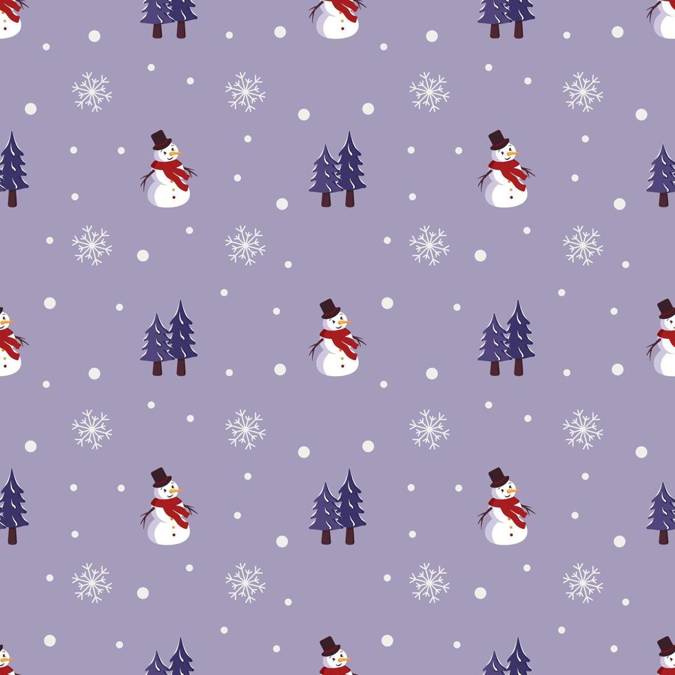 Seamless Christmas pattern with snowmen, fir and snowflakes on purple background. Bright print for New Year and winter holiday, wrapping paper, textiles and design. vector