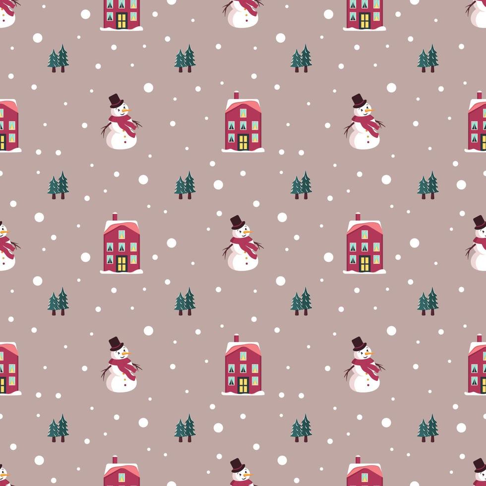 patrón sin fisuras con casas festivas de Navidad, muñeco de nieve, árboles y copos de nieve sobre fondo rosa. impresión brillante para el año nuevo y las vacaciones de invierno para papel de regalo, textiles y diseño. vector