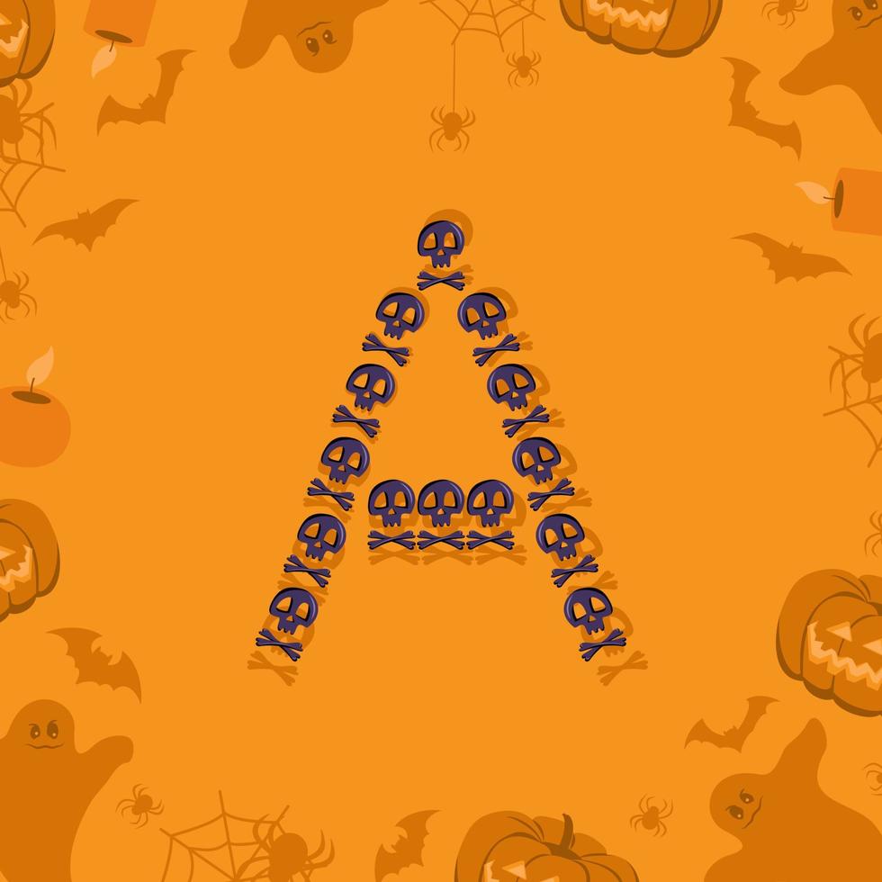 Halloween letter A from skulls and crossbones for design. Festive font for holiday and party on orange background with pumpkins, spiders, bats and ghosts vector