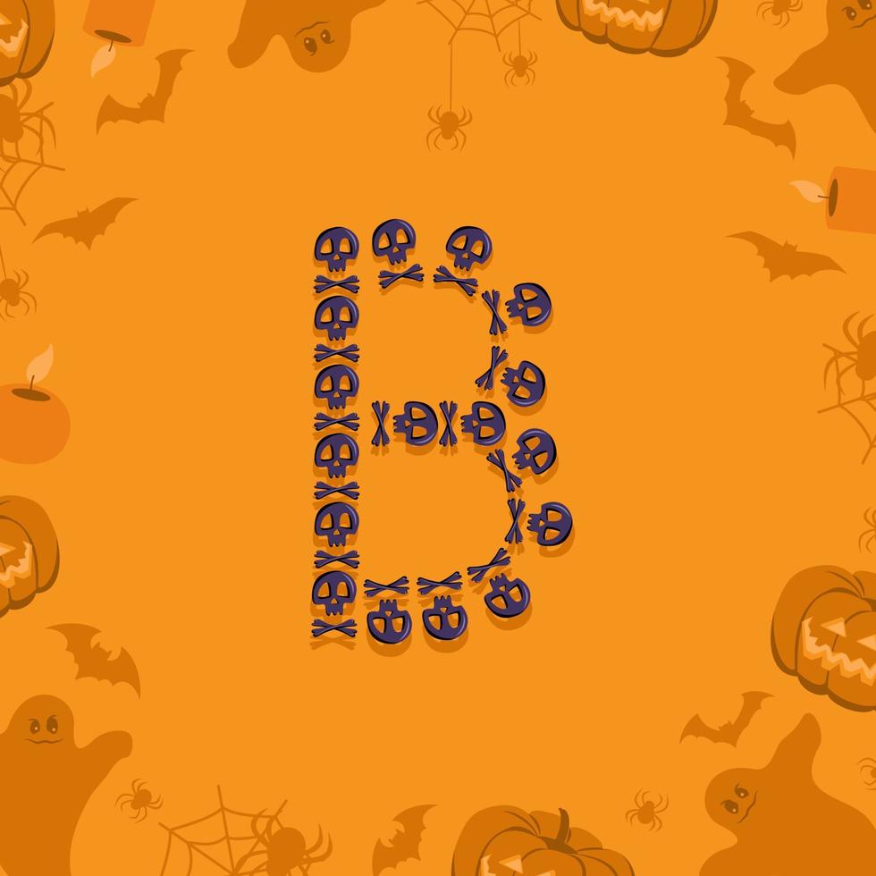 Halloween letra b de calaveras y tibias cruzadas para el diseño. Fuente festiva para vacaciones y fiesta sobre fondo naranja con calabazas, arañas, murciélagos y fantasmas vector