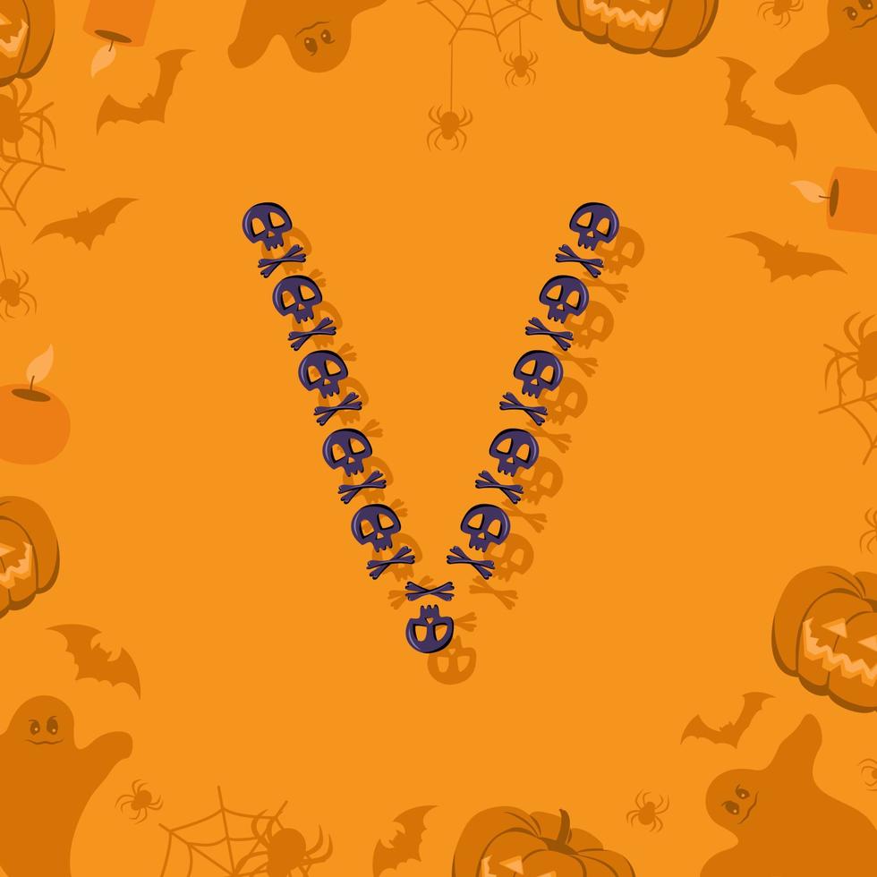 Halloween letter V from skulls and crossbones for design. Festive font for holiday and party on orange background with pumpkins, spiders, bats and ghosts vector