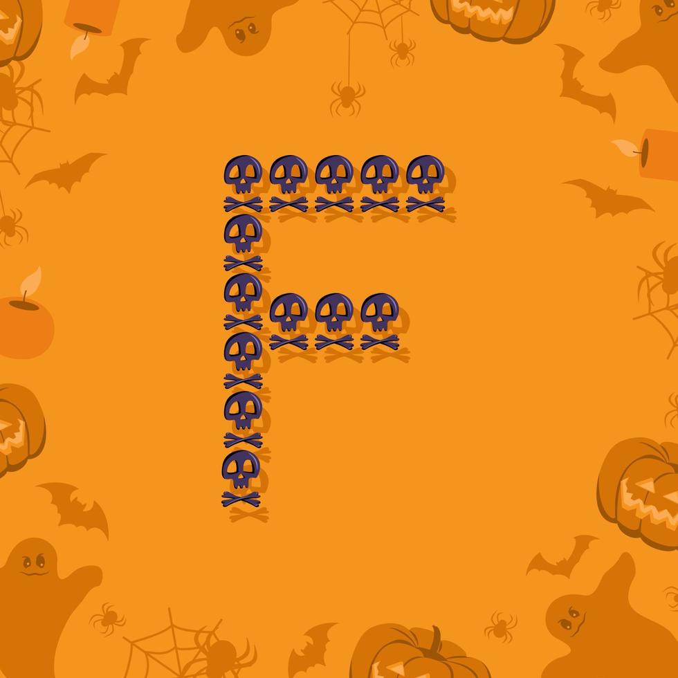 Halloween letter F from skulls and crossbones for design. Festive font for holiday and party on orange background with pumpkins, spiders, bats and ghosts vector