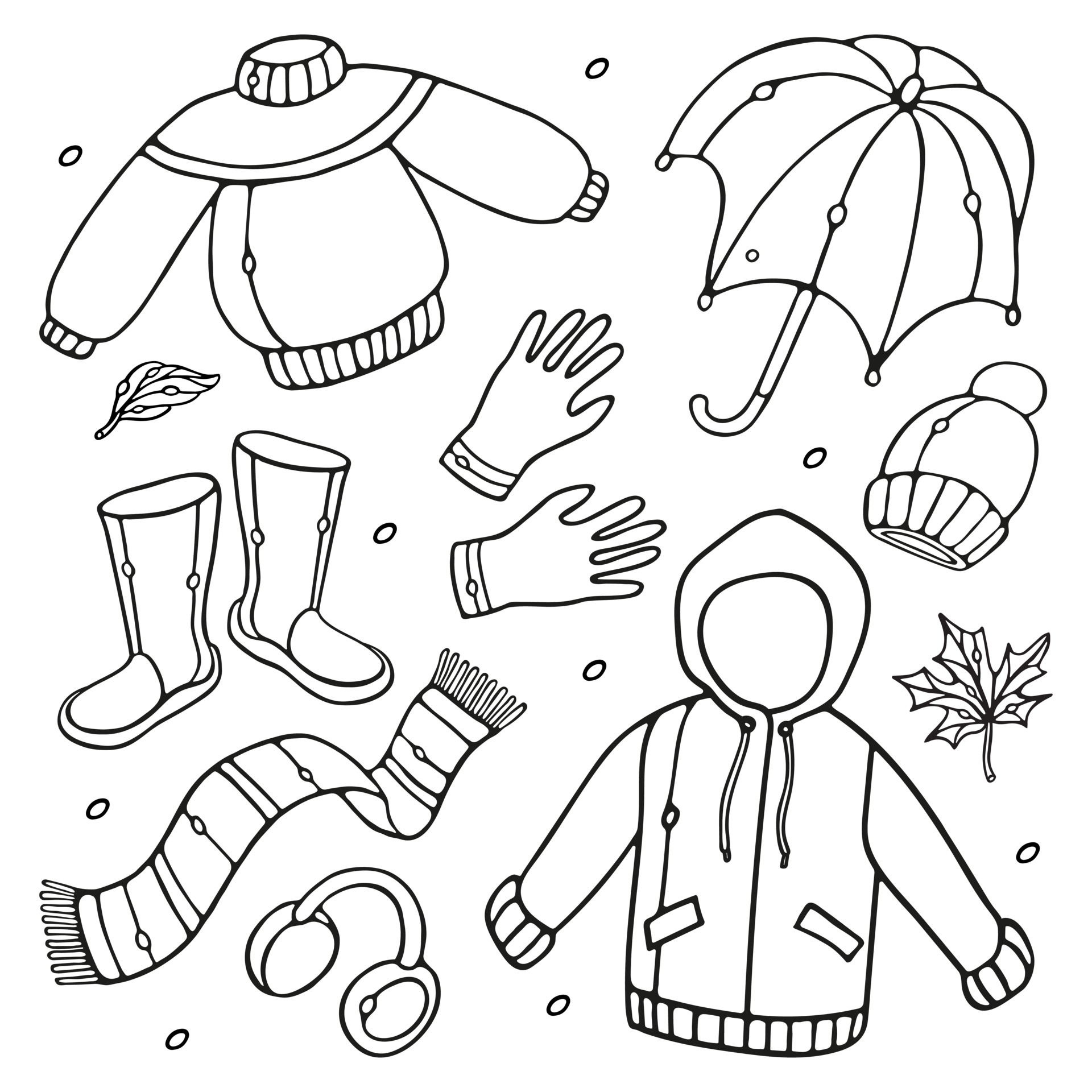 Autumn clothing outline vector set. Raincoat, rubber boots, open ...