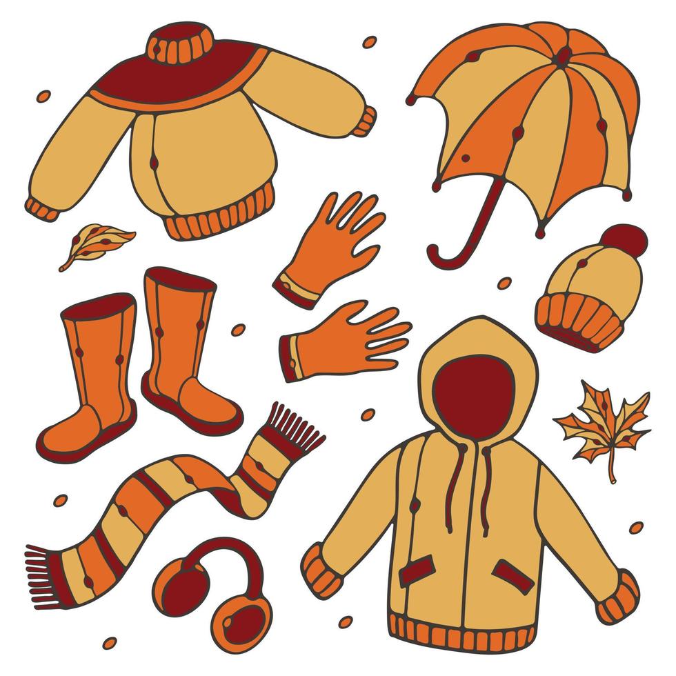Conjunto de vector de ropa de otoño. impermeable, botas de goma, paraguas abierto, bufanda, gorro, audífonos, guantes, hojas. Conjunto de temporada de lluvias. estilo de dibujos animados de doodle de colección aislado sobre fondo blanco