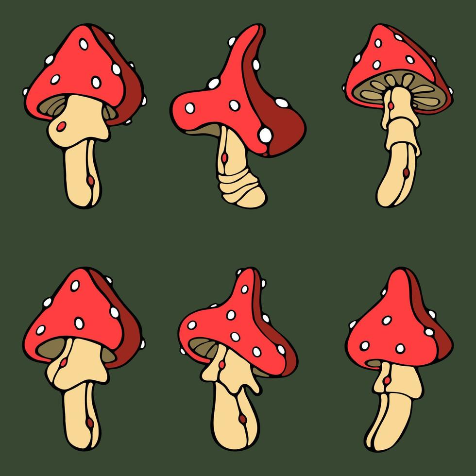 Mushrooms set of outline doodle vector illustrations on color spots. Poisonous Fly agaric Mushrooms Vector for fabric design, wallpaper, print, autumn sale banner, background