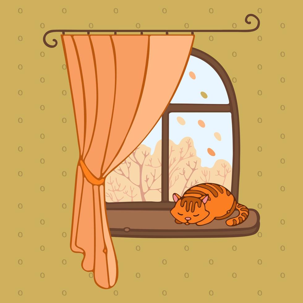 Window with a curtain overlooking the autumn landscape. The ginger Cat sleeps on the windowsill. Autumn forest landscape with falling leaves outside the window. Cozy home comfort. Vector in flat style
