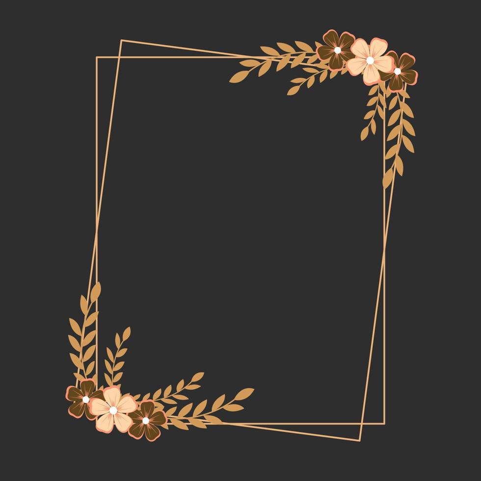 Flower frame made of hand drawn brown flowers on black background. natural circular wreath for greeting card decoration. Vector illustration