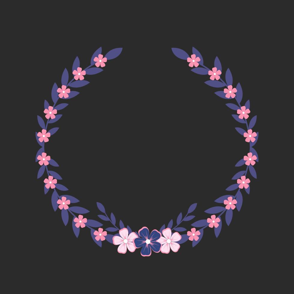 hand drawn purple flower frame with circular leaves. romantic decorative frame wreath on black background. For wedding invitations and greeting cards. vector illustration