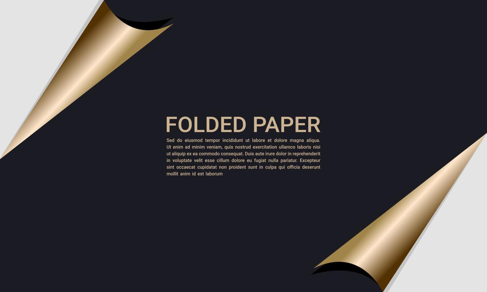 Hoja de papel de color negro realista con esquinas curvas doradas para banner de ventas, descuento o fondo web. Ilustración de vector de papel de esquina doblada.