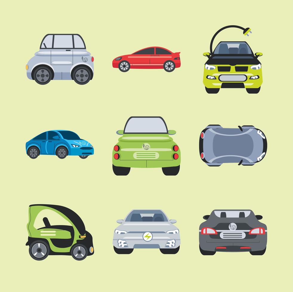 Conjunto de coches eléctricos de diferentes colores, vehículos de nueva energía. vector