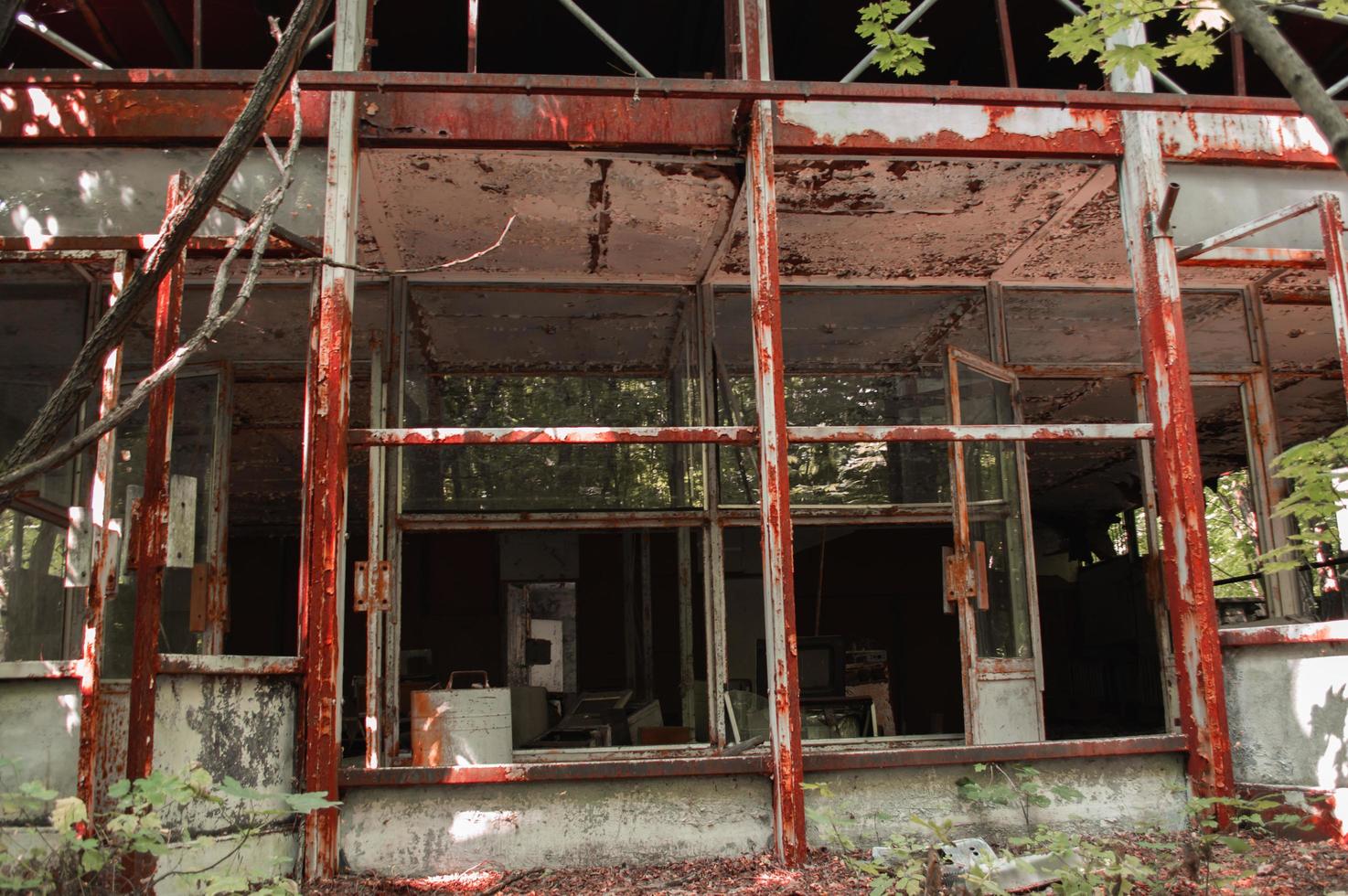A radioactive abandoned  shop overgrown with trees in the city of Pripyat photo