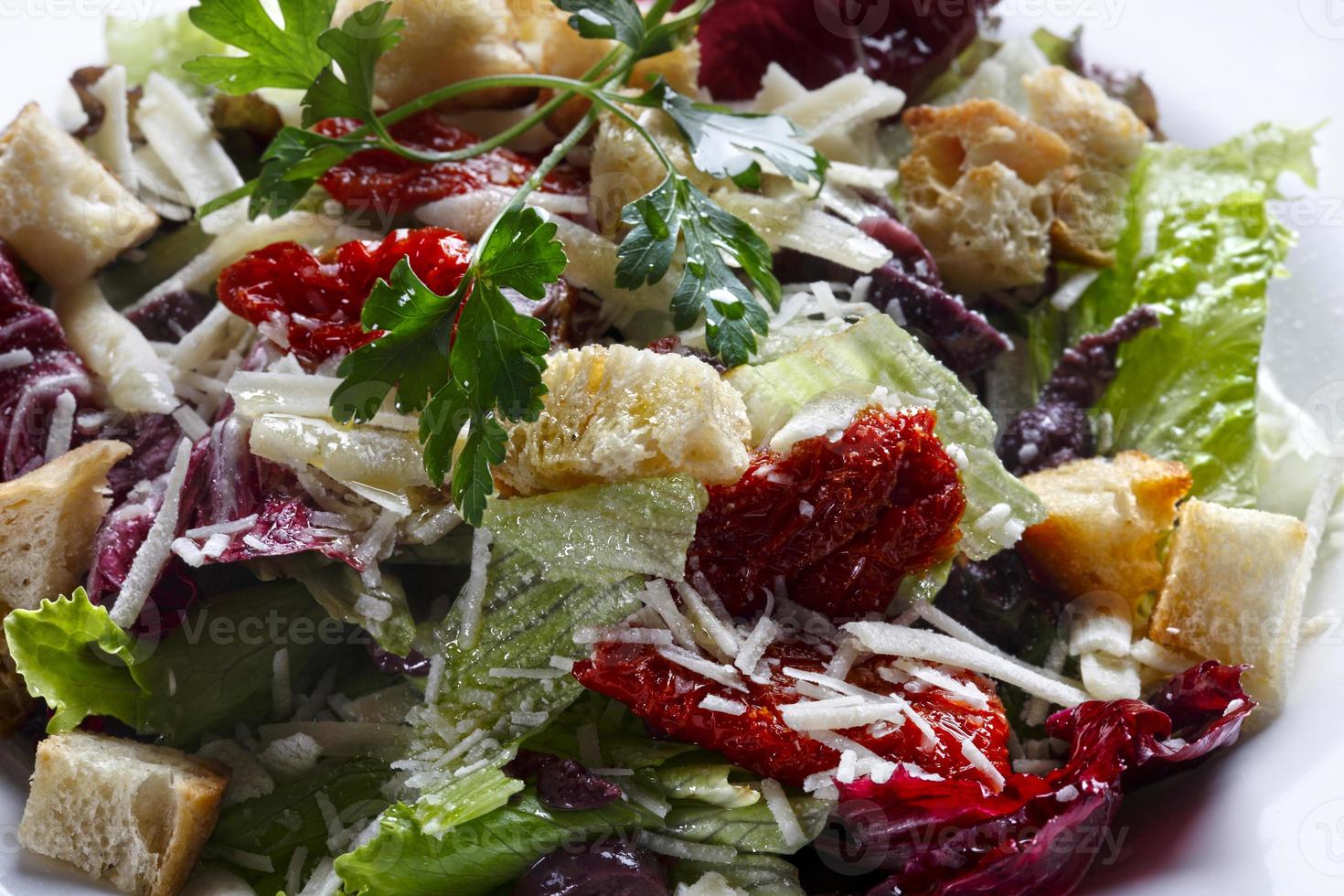 Dry tomato salad, bread and red wine photo