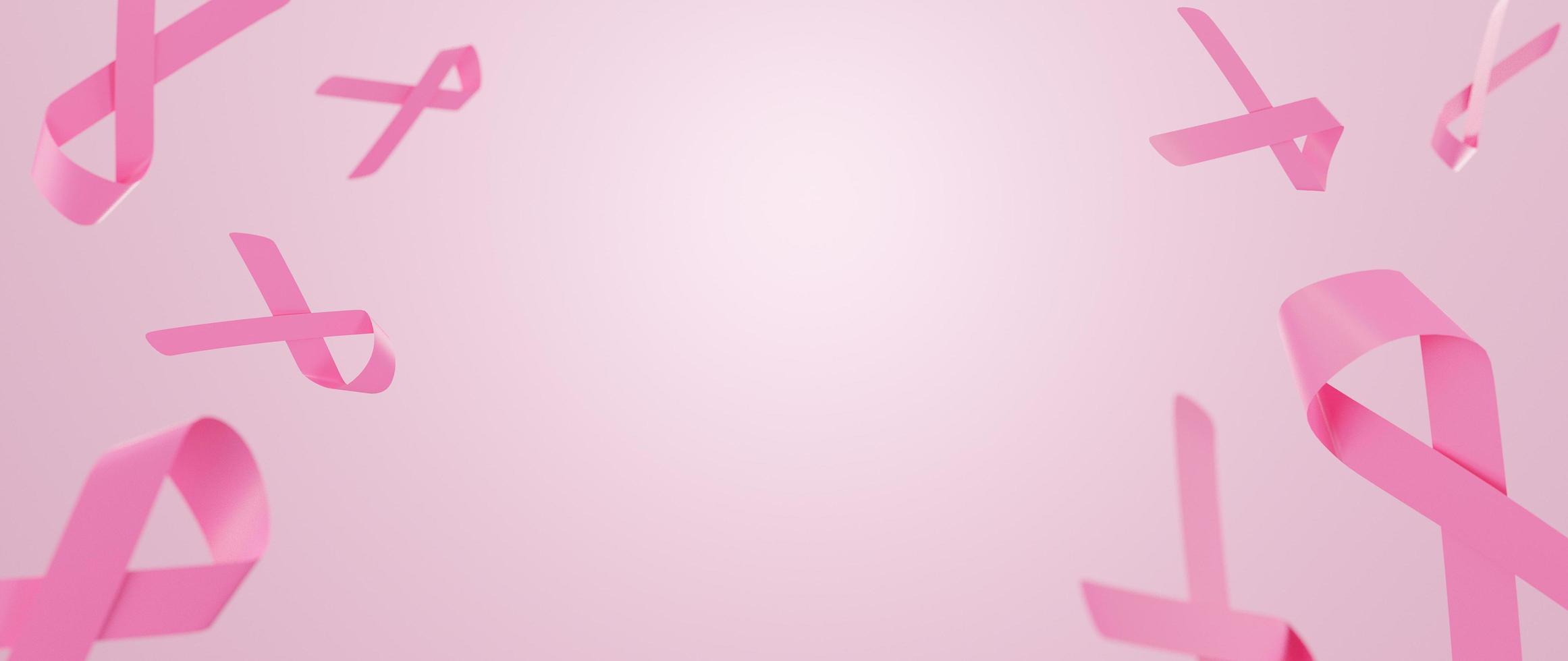 símbolo de la cinta rosa del mes de concientización sobre el cáncer de mama sobre fondo rosa con espacio de copia. Ilustración de render 3d. foto