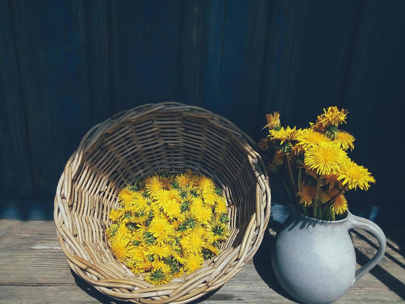 yellow big dandelion flowers in vase, wicker photo