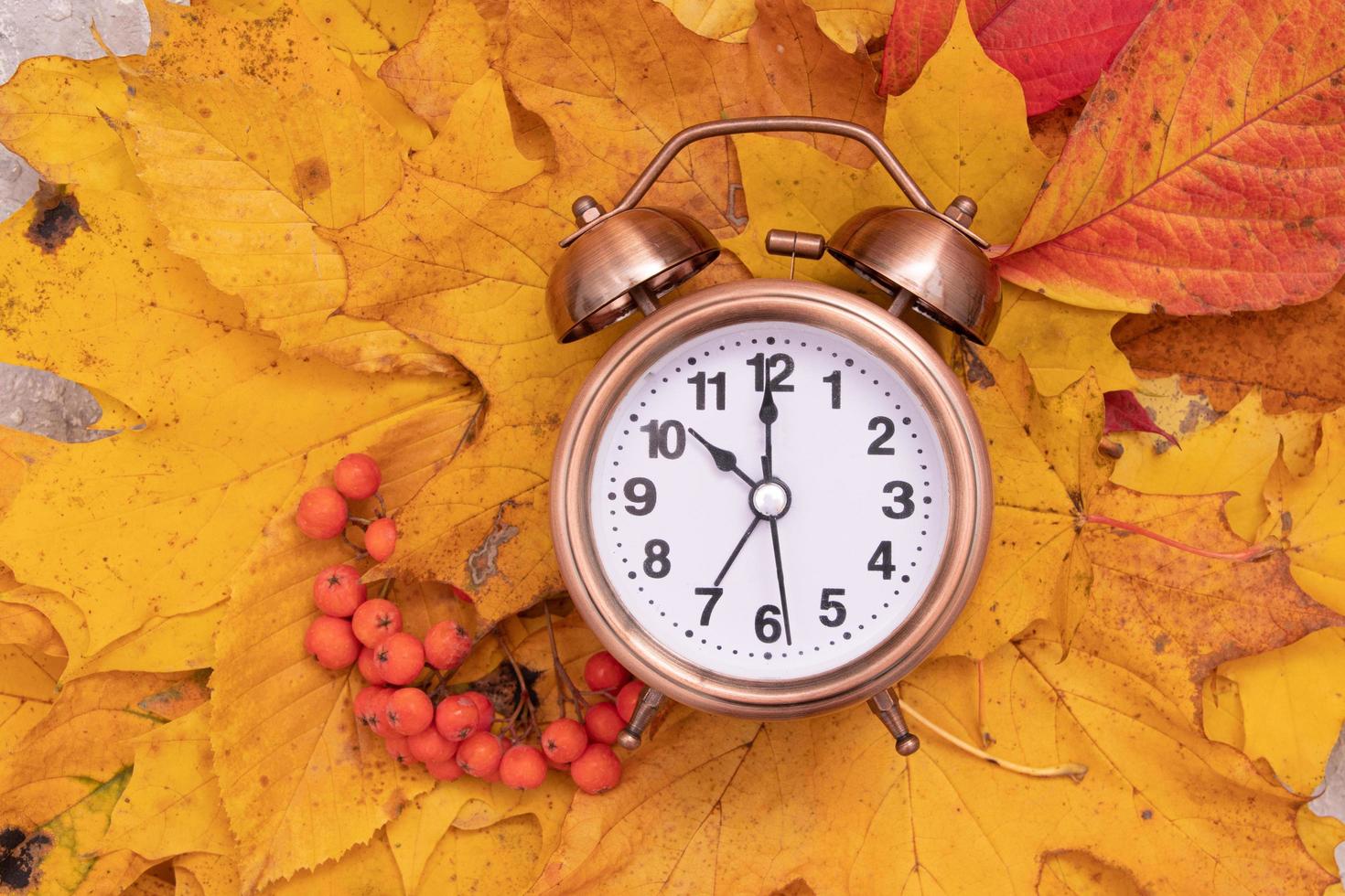 Autumn fall leaves and alarm clock. Autumn time concept photo