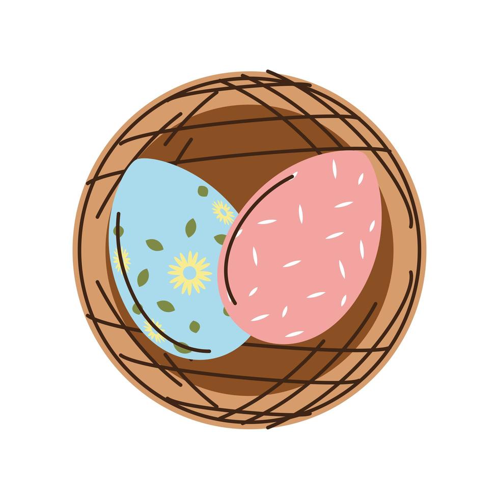 happy easter basket with decorative eggs cartoon isolated style vector