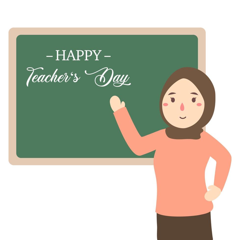 Teacher in classroom pointing to chalkboard vector