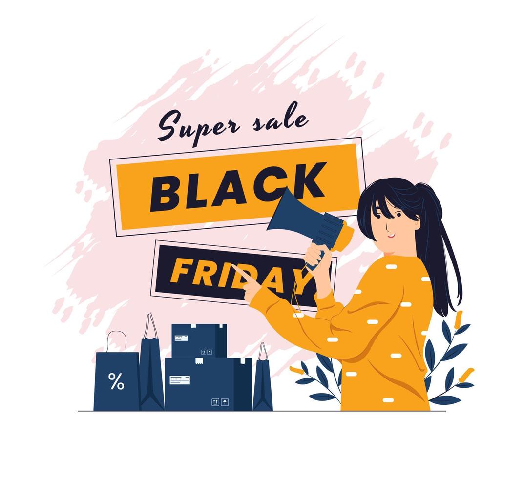 A girl feeling happy and pointing on Black friday concept illustration vector