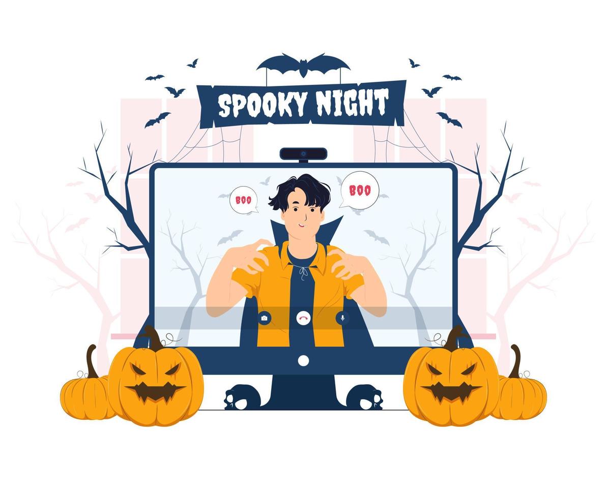 Vampire man having video call with friend on halloween concept illustration vector