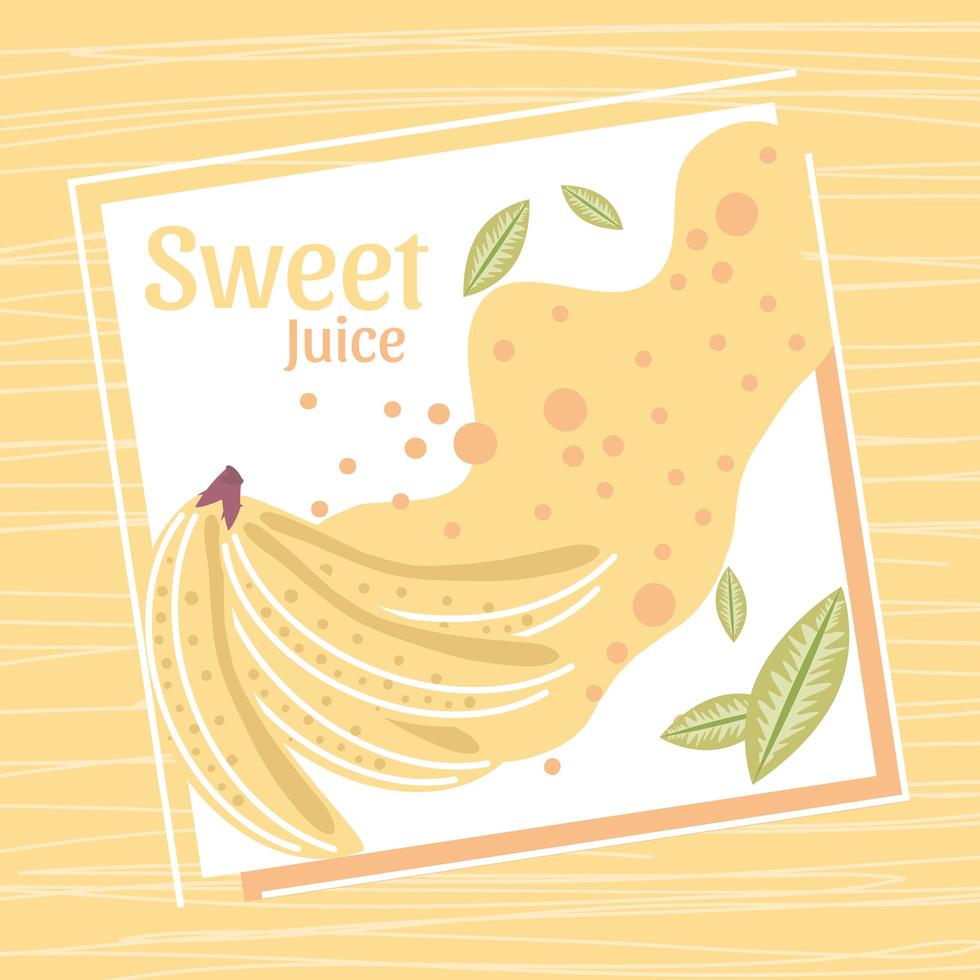 jugo dulce frutas banana splash y hojas tarjeta vector