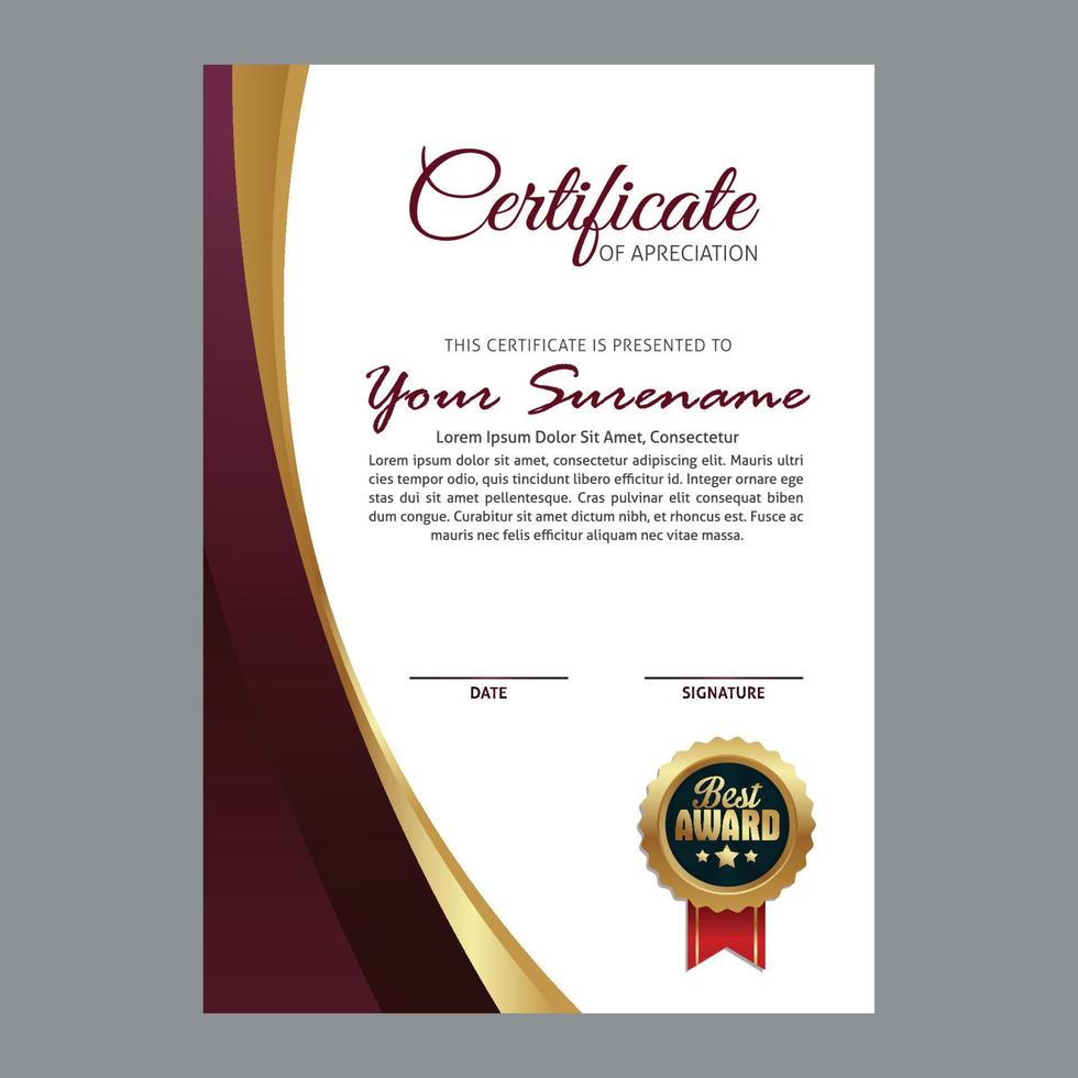 Certificate template with gold badge vector illustration