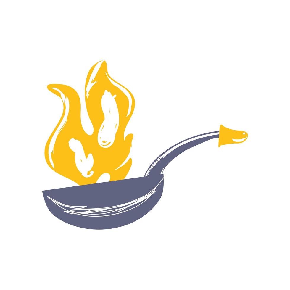 frying pan flame cooking sketch isolated style vector