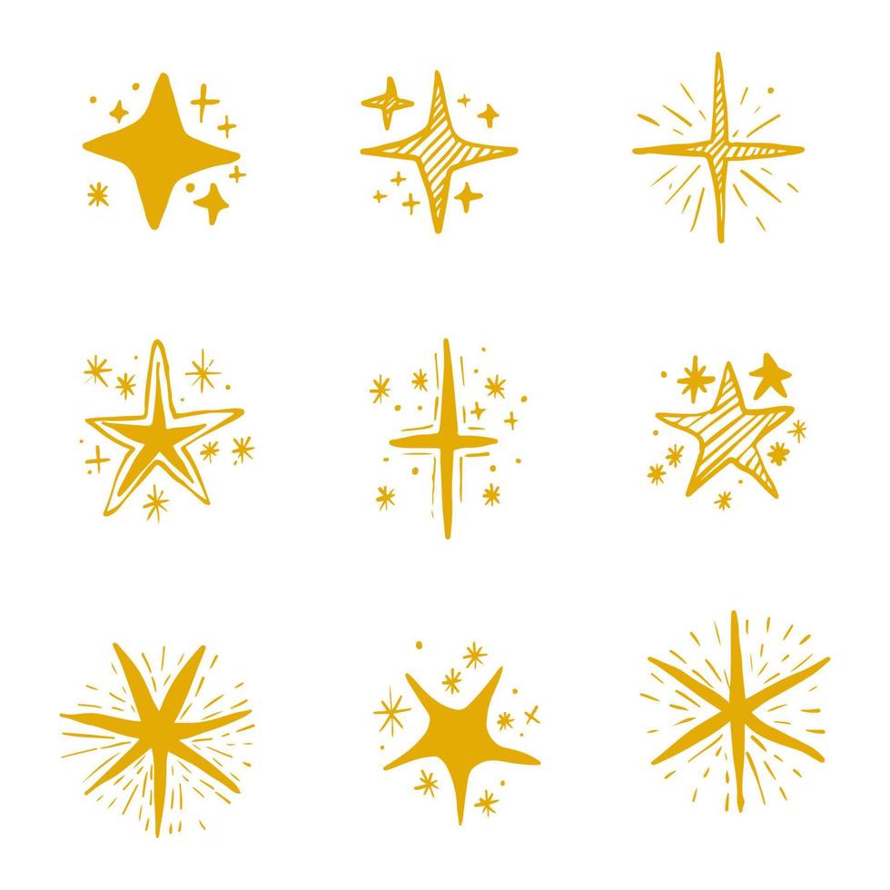 conjunto de mano dibujar icono ilustración estrellas brillantes, estrellas brillantes, estrellas brillantes vector