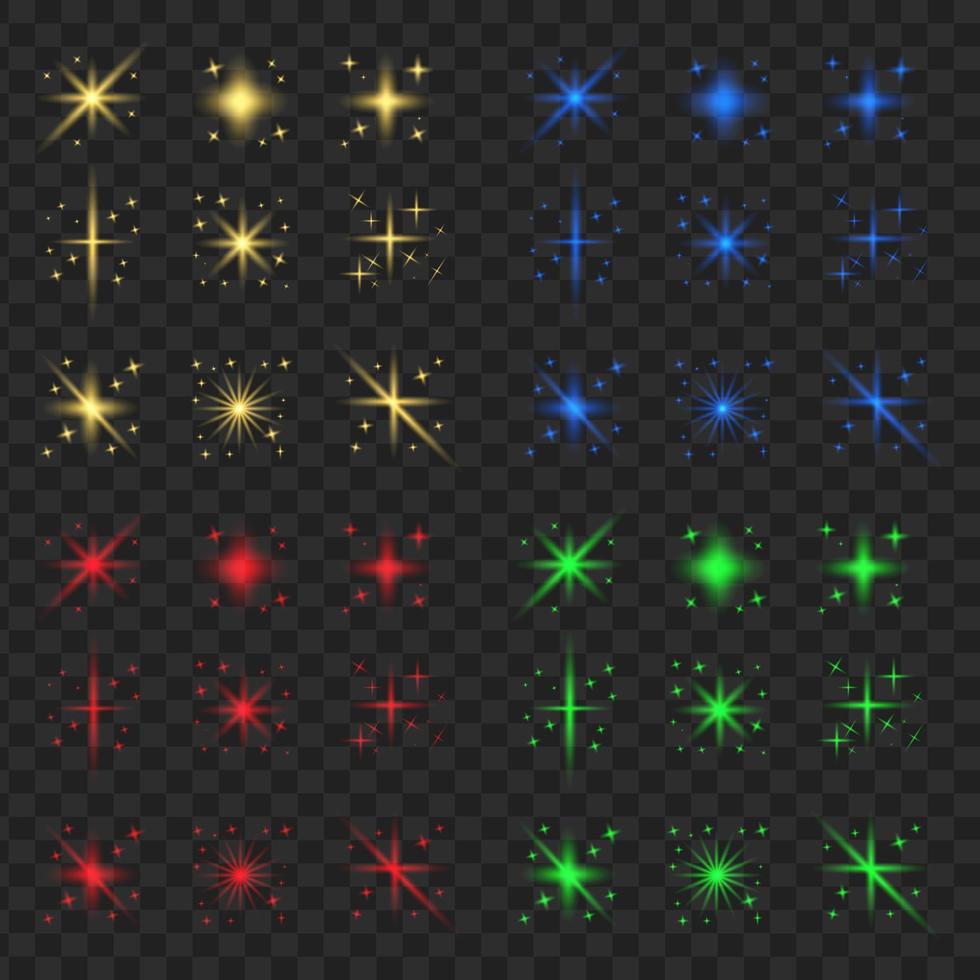 Ilustración realista de estrellas brillantes, estrellas brillantes, estrellas brillantes en color azul, amarillo, rojo y verde. vector