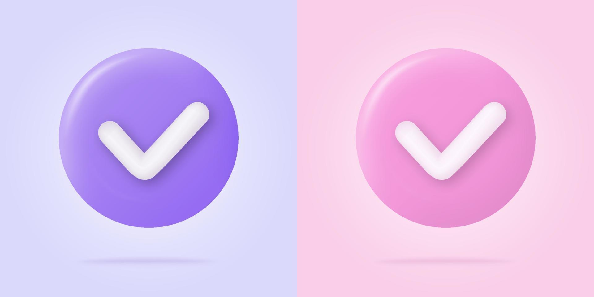 Check mark icon in trendy 3d style on blue button. White checkmark symbol. Vector illustration isolated on purple and pink background