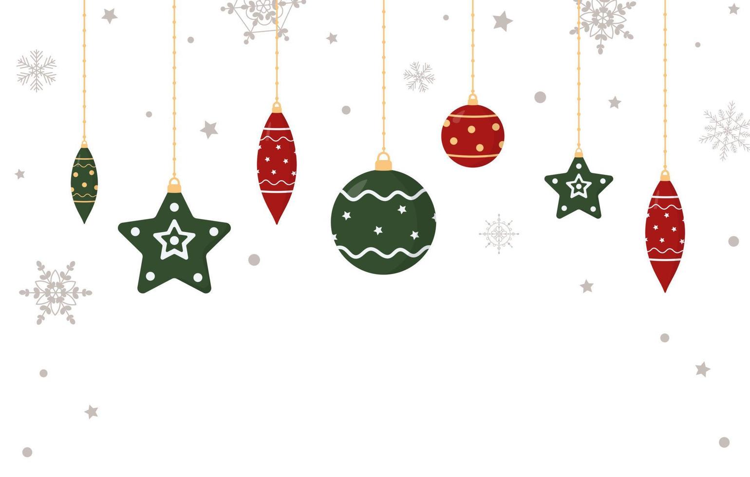 Plantilla de banner navideño con adornos colgantes y copos de nieve. vector